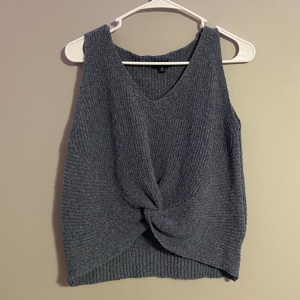 Fate Blue Front Twist Knot Knit Tank Top